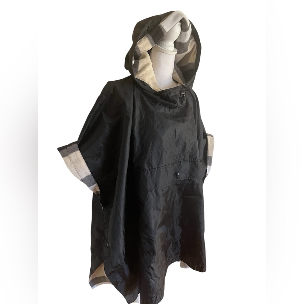 Black Hooded Poncho with Plaid Lining - Picture 4 of 11